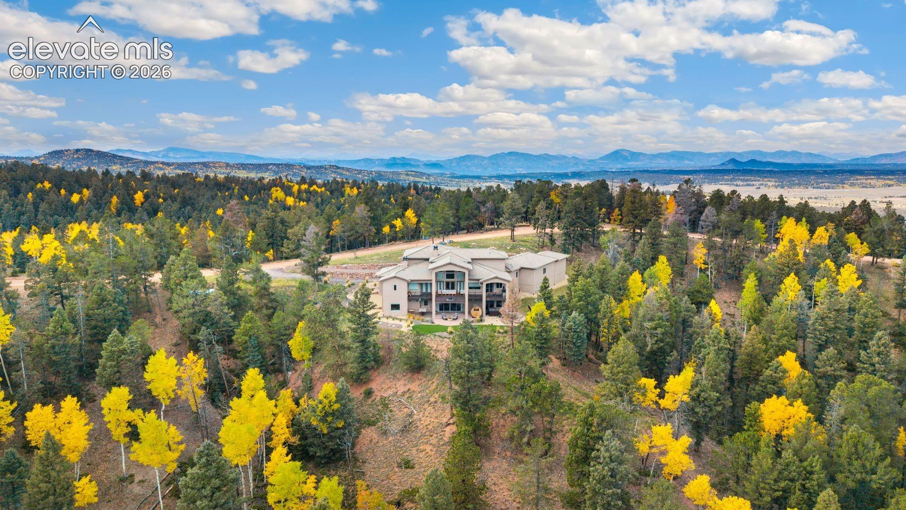 Expansive property with a multi-level structure, surrounded by mature trees