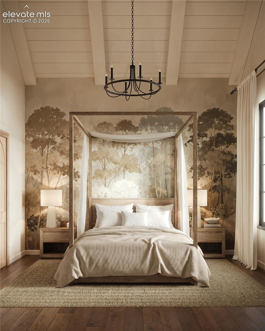 Vaulted ceiling with exposed beams, wood-finish flooring, accent wall with mural, built-in wall sconces, and a dark-finish chandelier