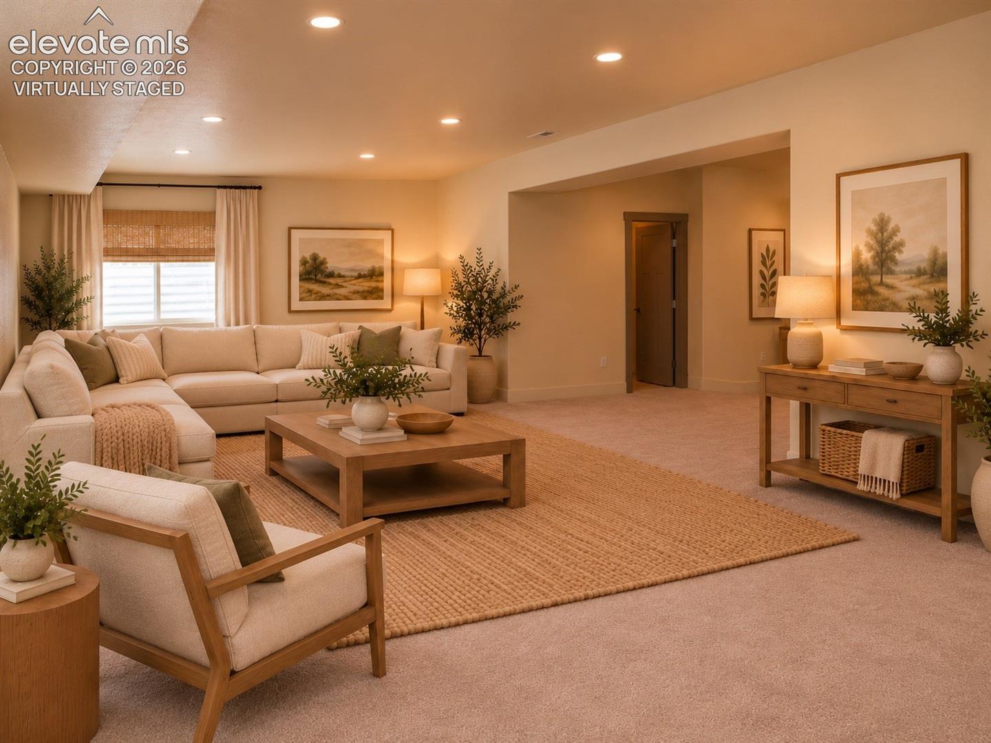 Virtually staged Recessed ceiling lighting, carpeted flooring, wood-finish console table, and a large window with blinds