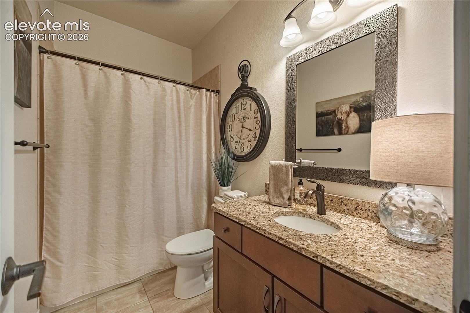 Bathroom featuring a vanity with stone-finish countertop, undermount sink, dark-finish cabinetry, and a framed mirror
