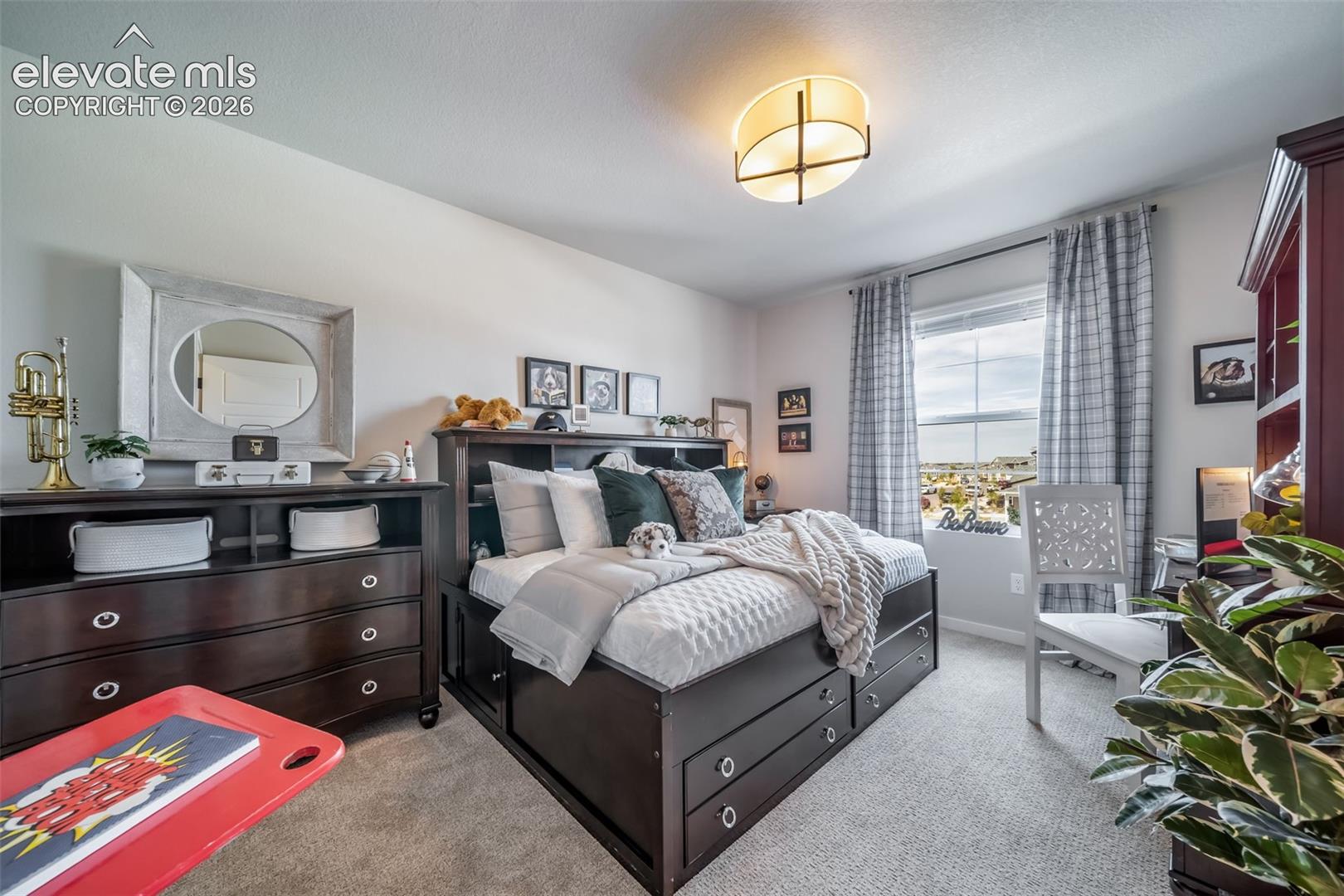 Carpeted room featuring a ceiling-mounted light fixture, a window with plaid drapes, and a dark wood-finish dresser with a framed mirror
*Photos of a model home*