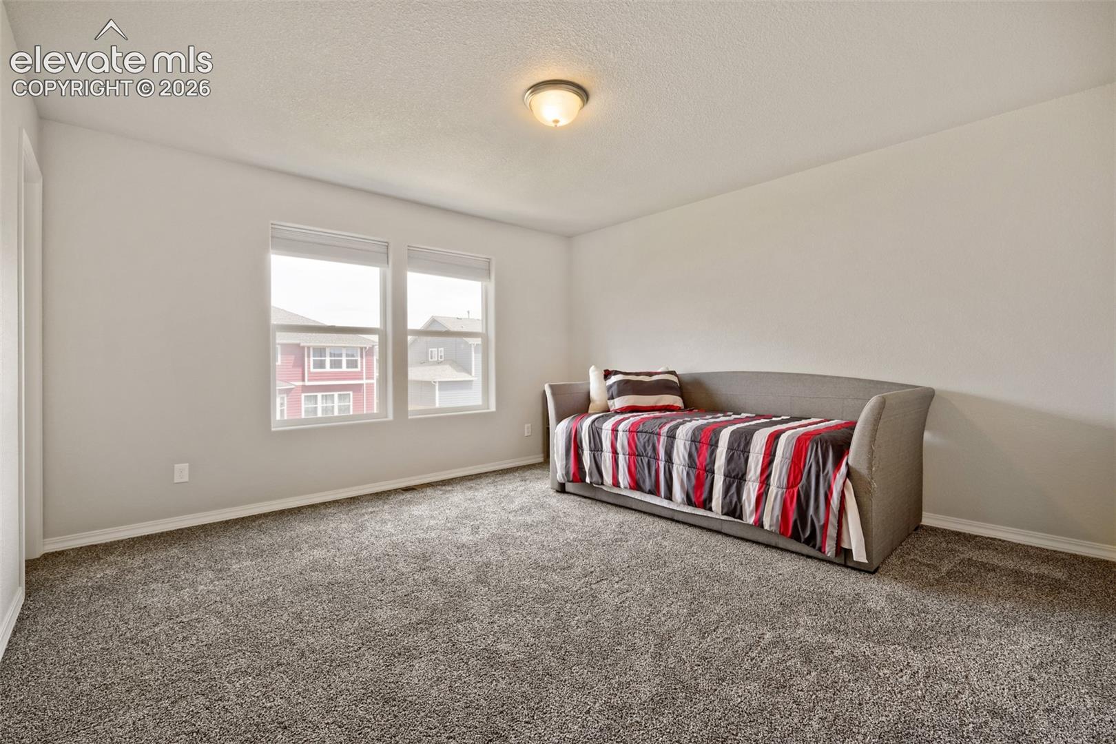 Carpeted room with a neutral color palette, featuring two windows with blinds, a flush mount ceiling light, and white baseboards