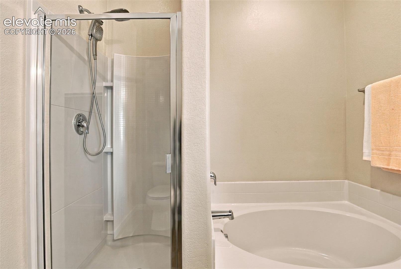 Walk-in shower enclosure with a chrome handheld shower head, deep-basin soaking tub with a tiled surround, and chrome tub faucet