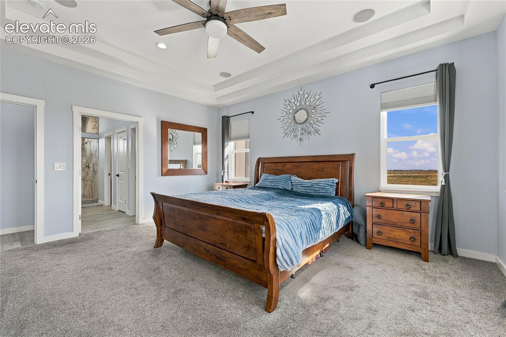 Tray ceiling with integrated recessed lighting, ceiling fan, neutral carpeting, and windows featuring roller shades