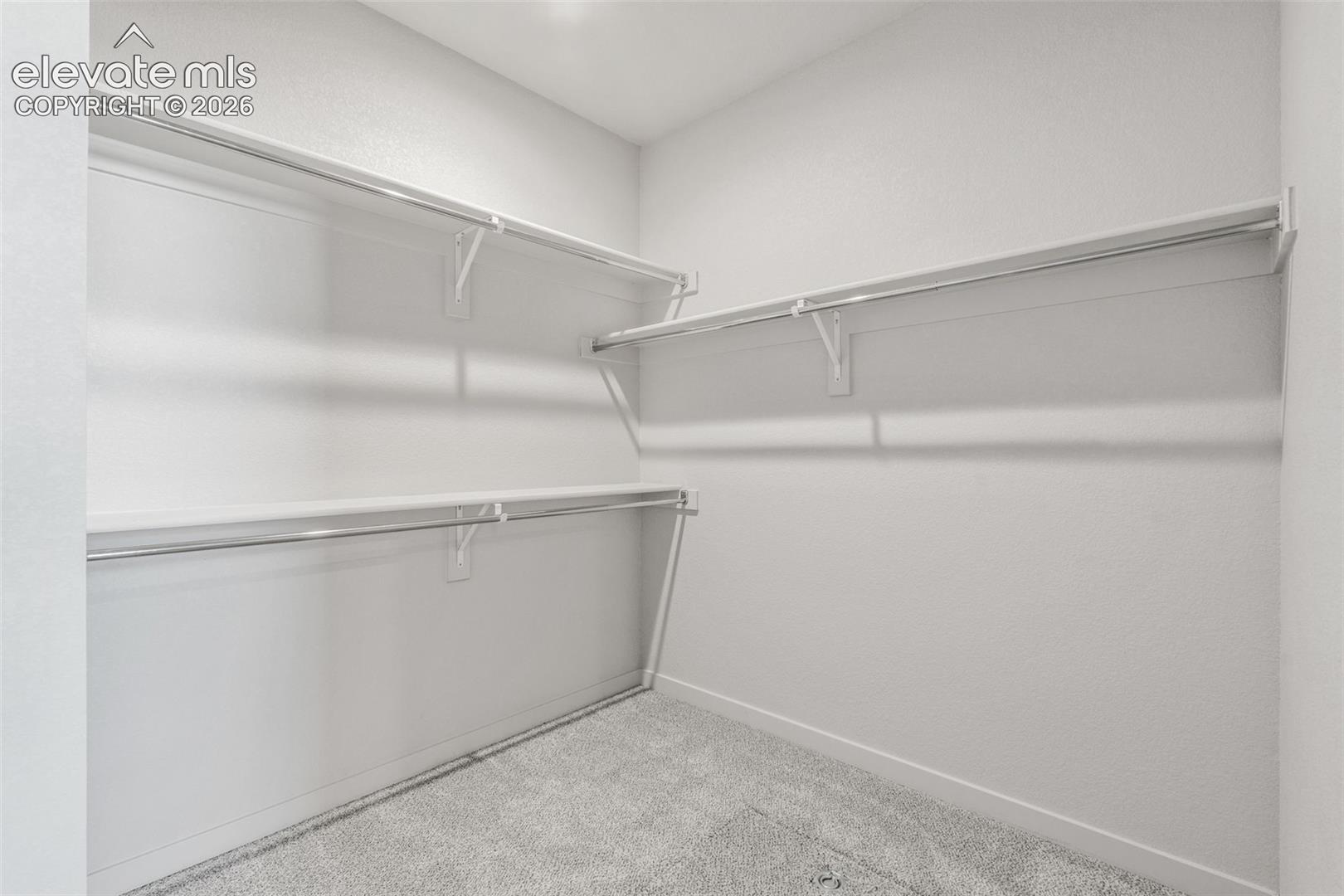 White-painted walls with textured finish, light grey carpet, and white shelving units with hanging rods