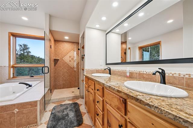 5 piece en suite primary bathroom with jetted tub, dual sinks, stand in shower and spacious walk in closet