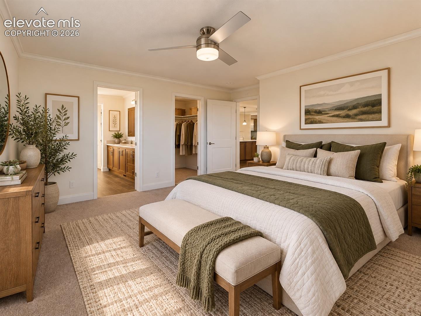 Primary Bedroom – Another angle showcases the primary suite’s open layout and convenient connection to the adjoining bath and closet.