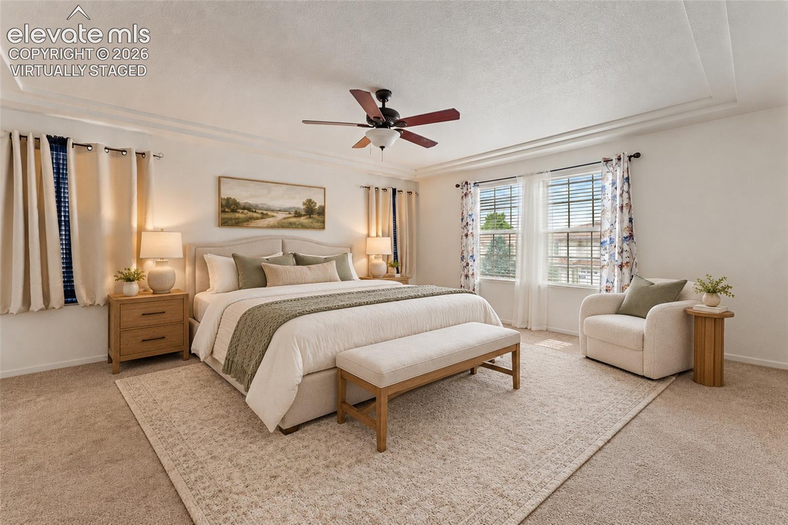 Virtually Staged Spacious room featuring neutral carpeting, multi-pane windows with horizontal blinds, and a central ceiling fan with integrated lighting
