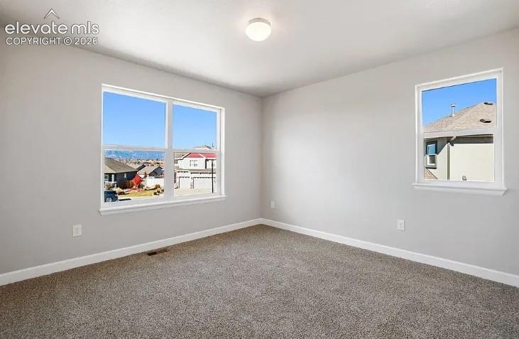 Neutral-toned walls, plush wall-to-wall carpeting, large picture window, secondary window, and flush-mount ceiling light fixture
