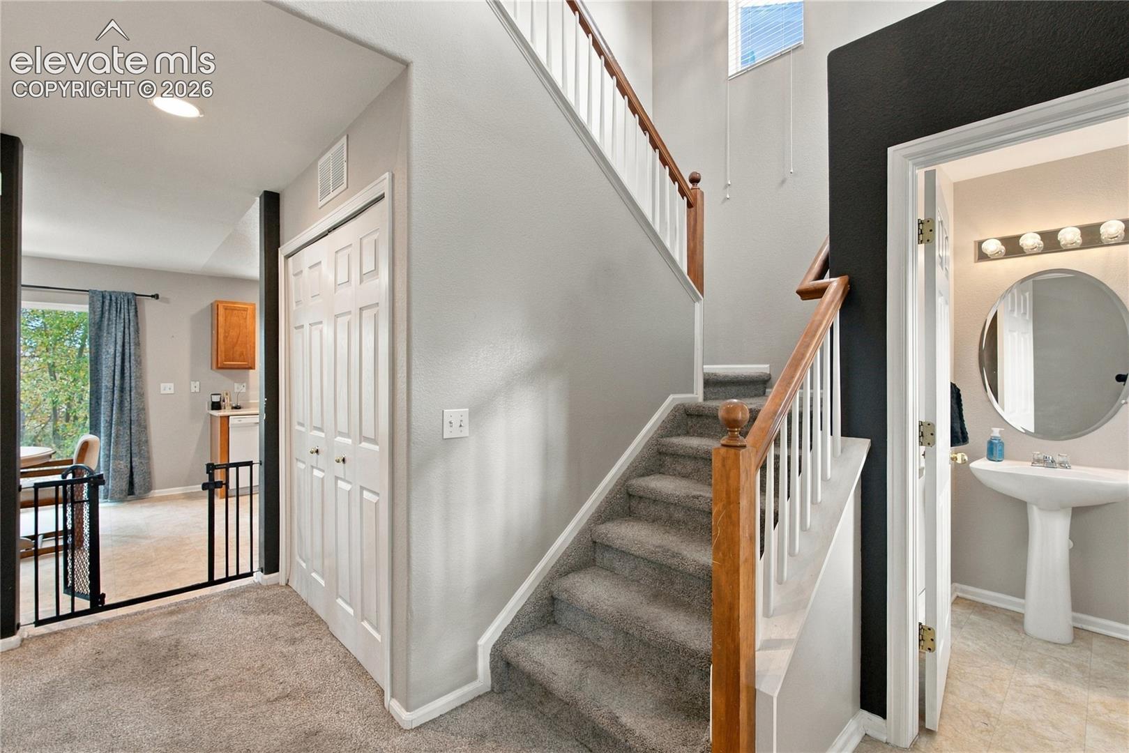 Staircase featuring wood-finish handrails, white balusters, and carpeted stairs, paired with a powder room containing a pedestal sink, circular wall mirror, and multi-bulb vanity light fixture