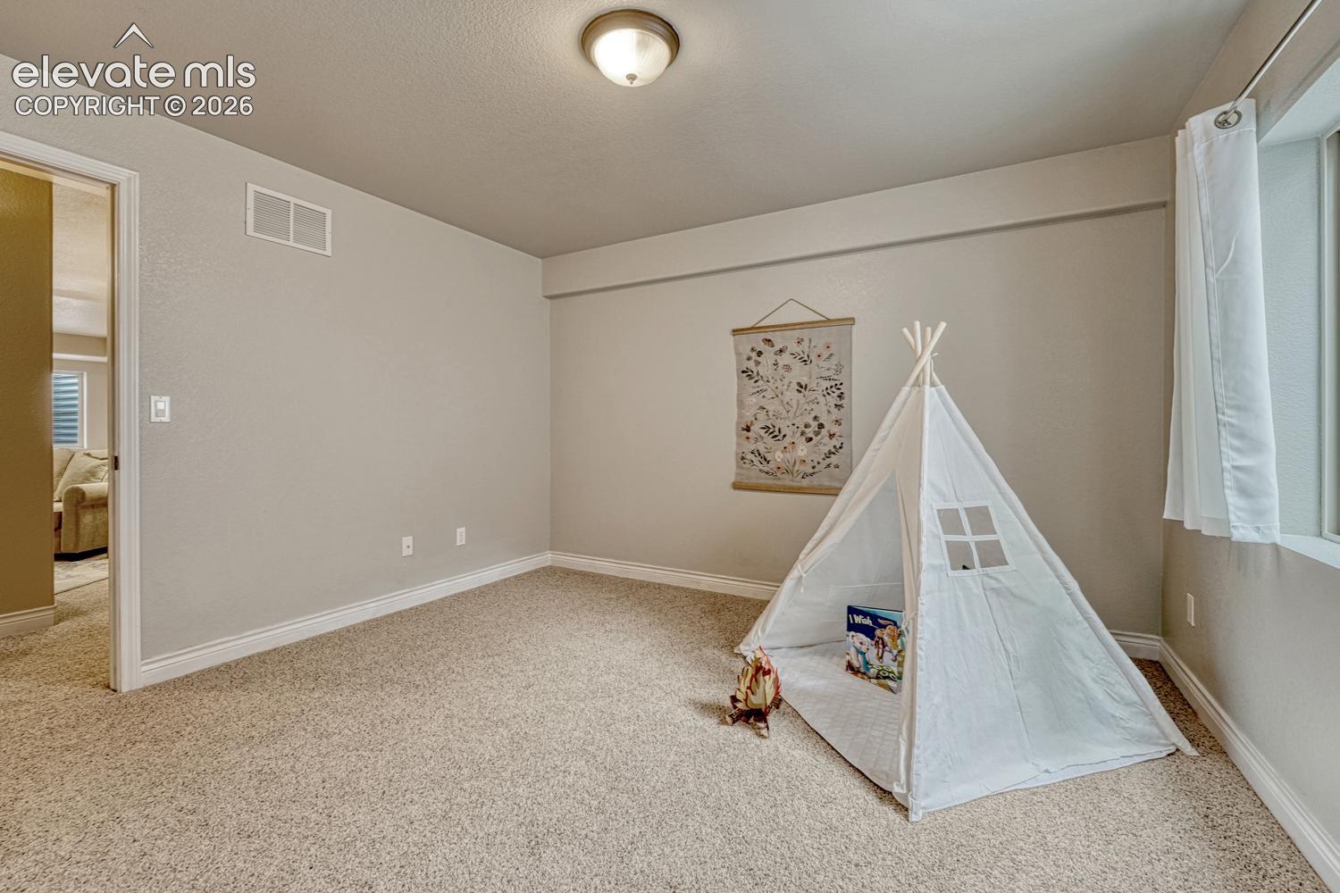 Basement Bedroom #2 has neutral carpet.