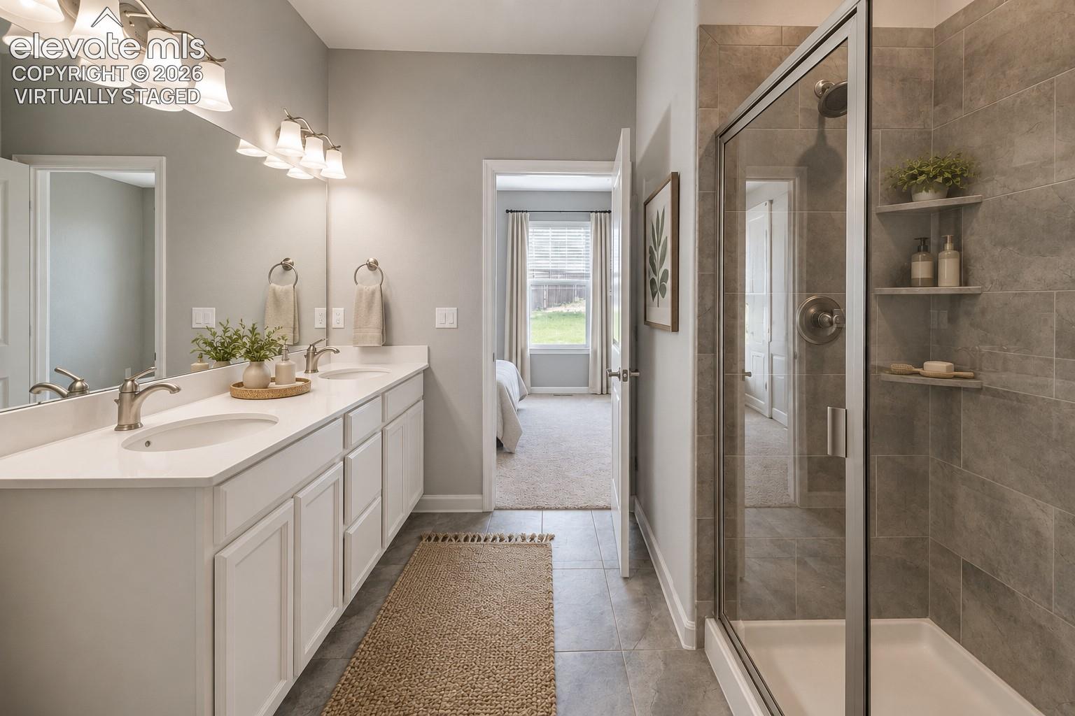 Virtually staged main level master bath