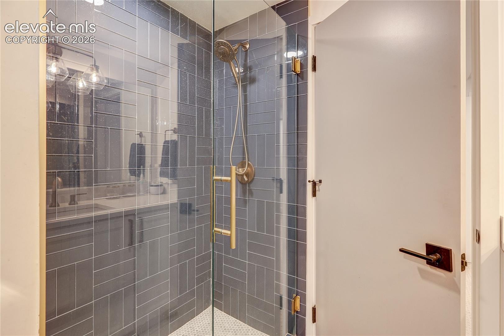 Glass-enclosed shower with subway tile surround, hexagonal mosaic floor tile, and brass fixtures