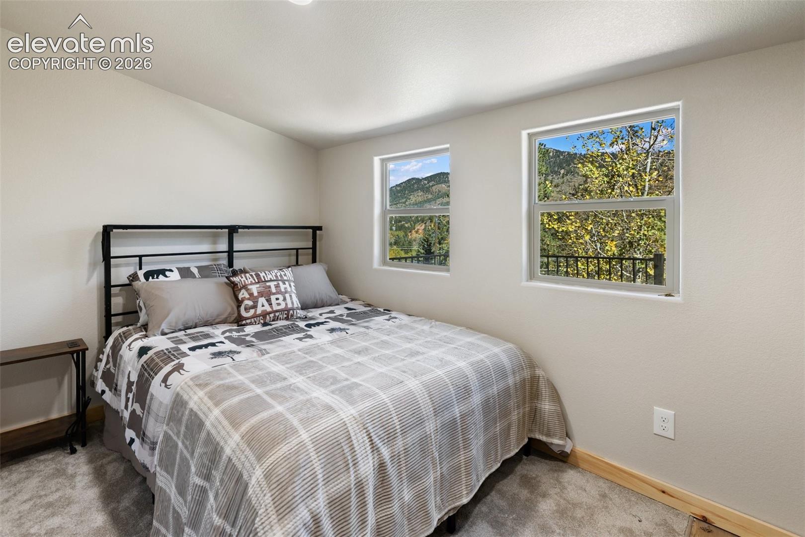 Neutral wall color, dual windows, carpeted flooring, natural wood trim, and a mountain backdrop