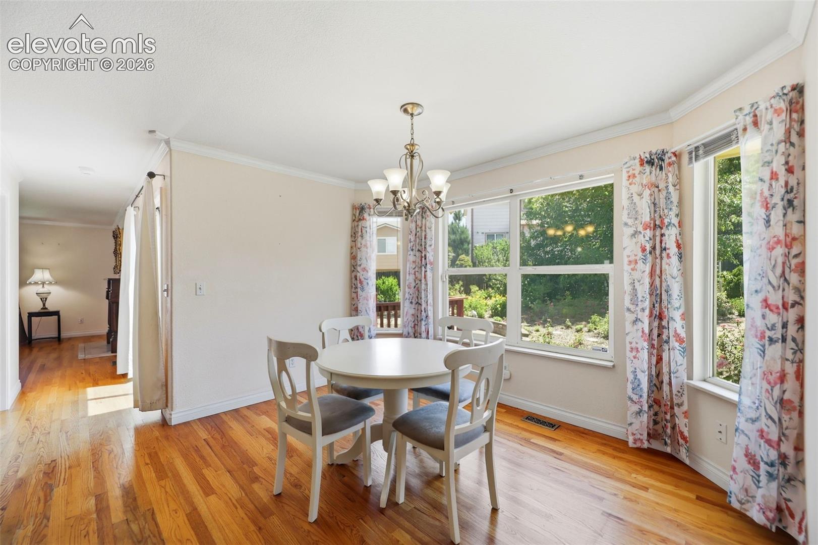Dining area featuring wood-finish flooring, a multi-pane window configuration, and a built-in ceiling light fixture