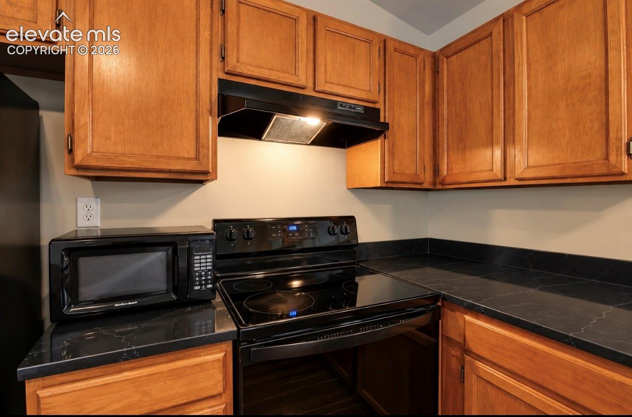 Kitchen featuring shaker-style wood cabinetry, black solid-surface countertops, integrated black range hood, and black electric stove