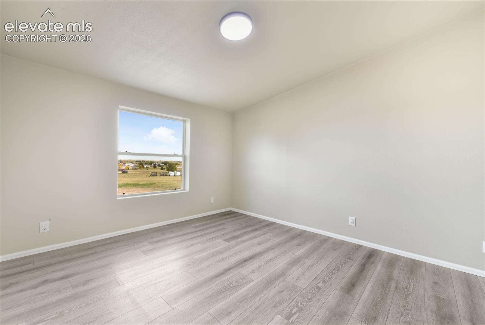 Neutral wall finishes, wood-finish flooring, and a flush-mount ceiling light