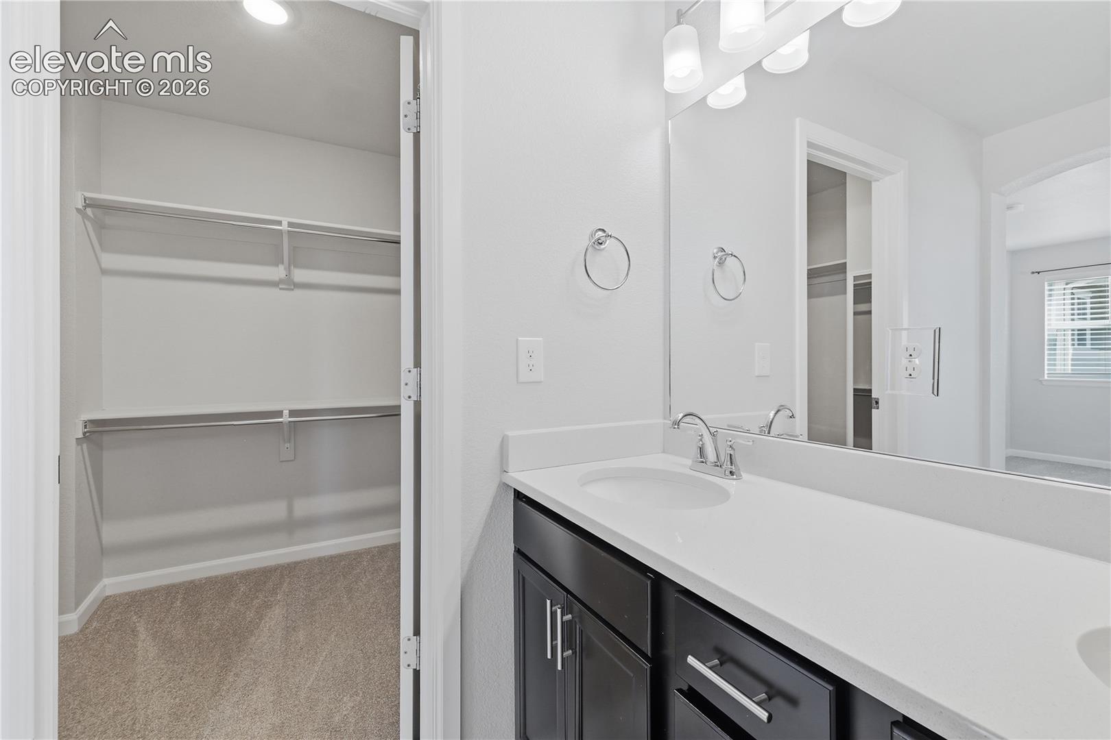 Bathroom vanity featuring a white countertop with integrated sink, dark wood-finish cabinetry, and chrome hardware