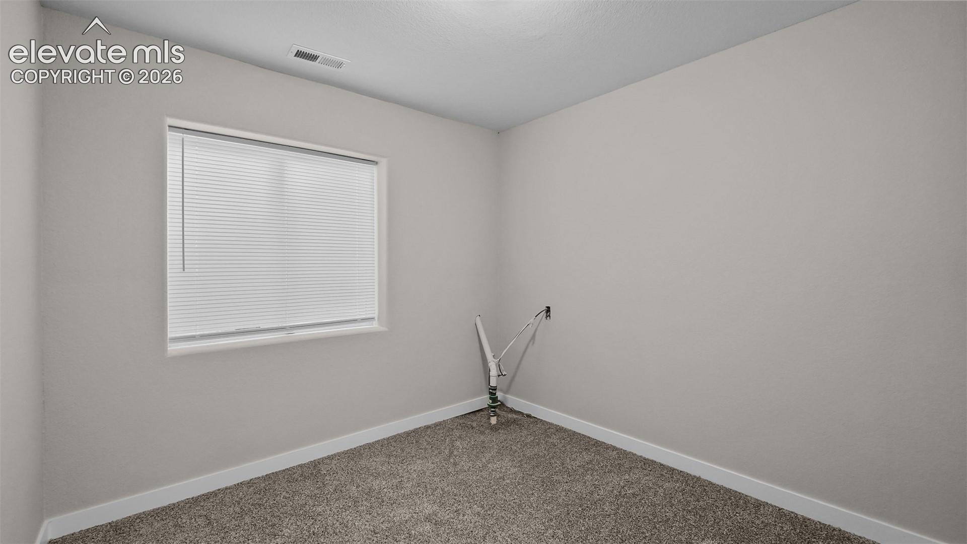 Window with blinds, wall-to-wall carpeting, and neutral wall tones