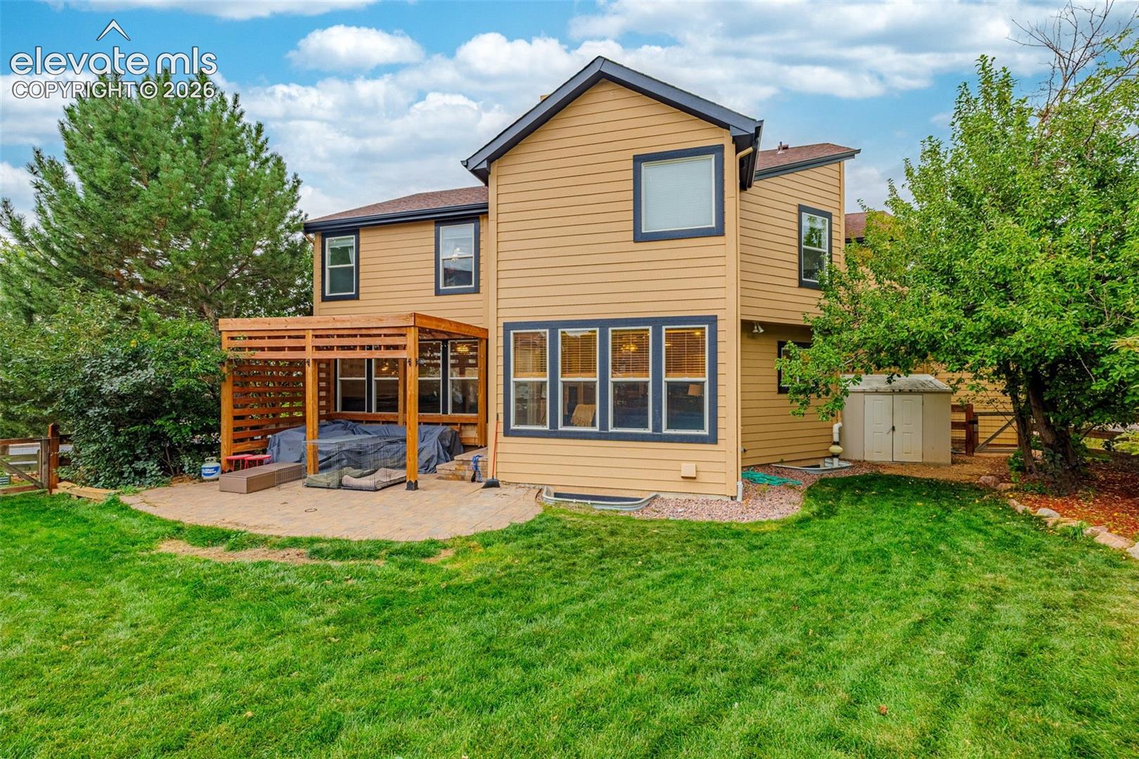 Expansive backyard featuring a manicured lawn, established perimeter trees, and a ground-level patio with a wood pergola