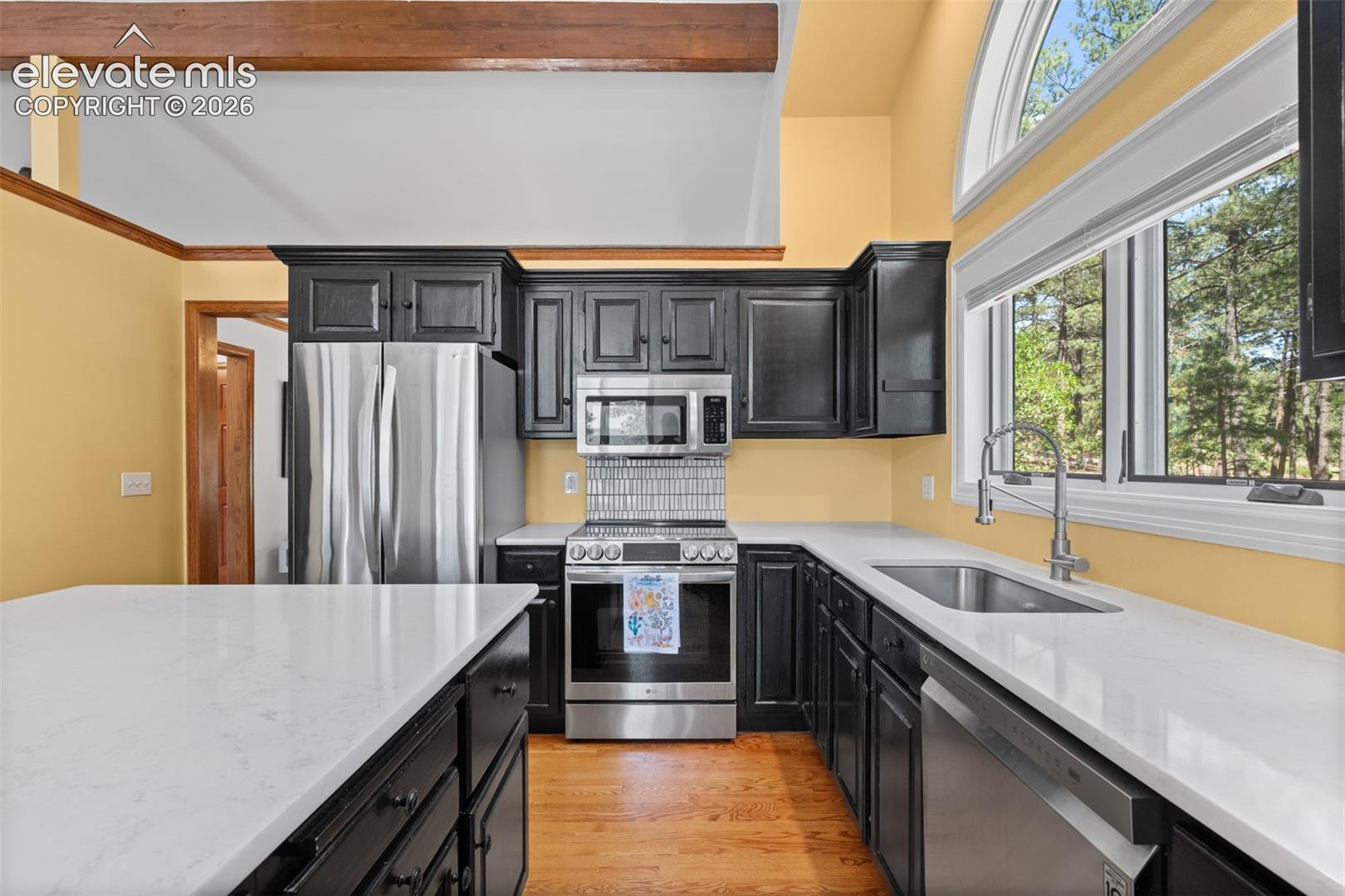 Kitchen featuring dark cabinetry, stainless steel appliances, and light countertops