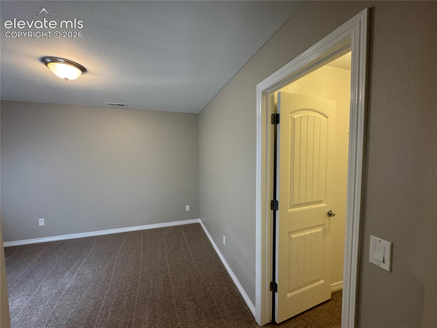 Neutral-toned interior featuring carpeted flooring, a flush-mount ceiling light fixture, and a two-panel arched interior door