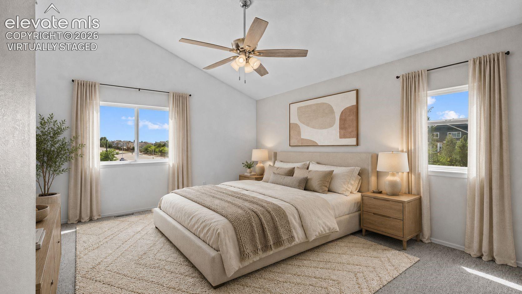 Large primary bedroom with attached bath and walk-in closet. Virtually staged