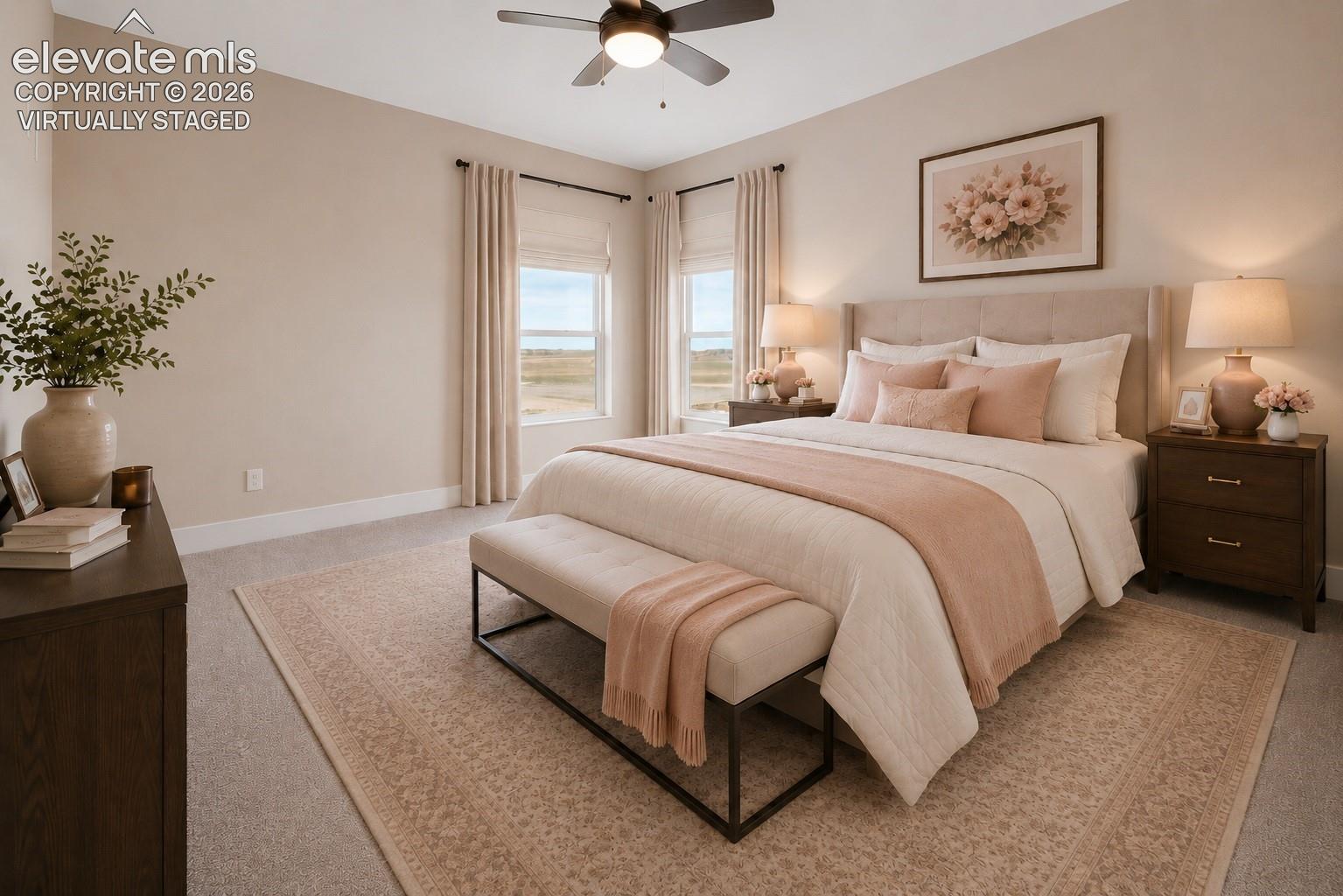 Virtually Staged Spacious sleeping area featuring a ceiling fan, plush carpeting, and two large windows