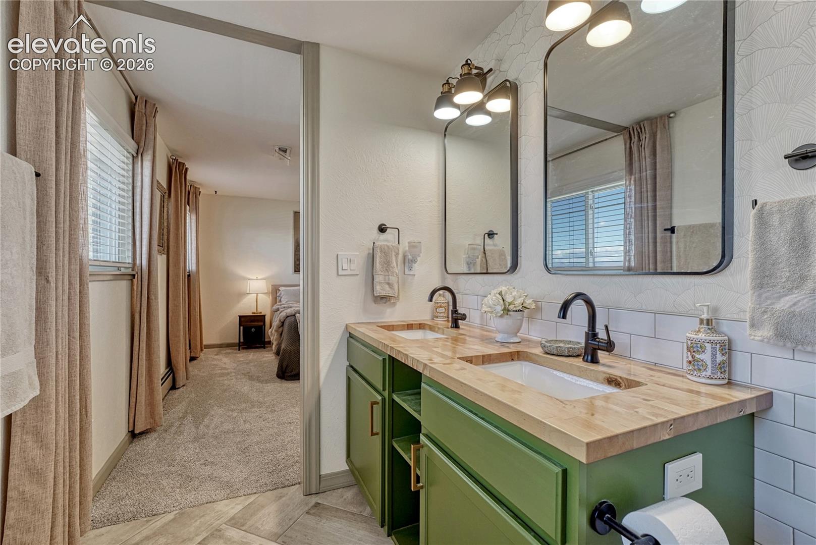 Butcher block vanity with double sinks