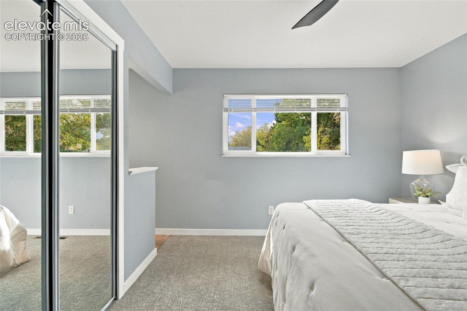 Bedroom featuring dual horizontal windows, mirrored sliding closet doors, ceiling fan, and wall-to-wall carpeting