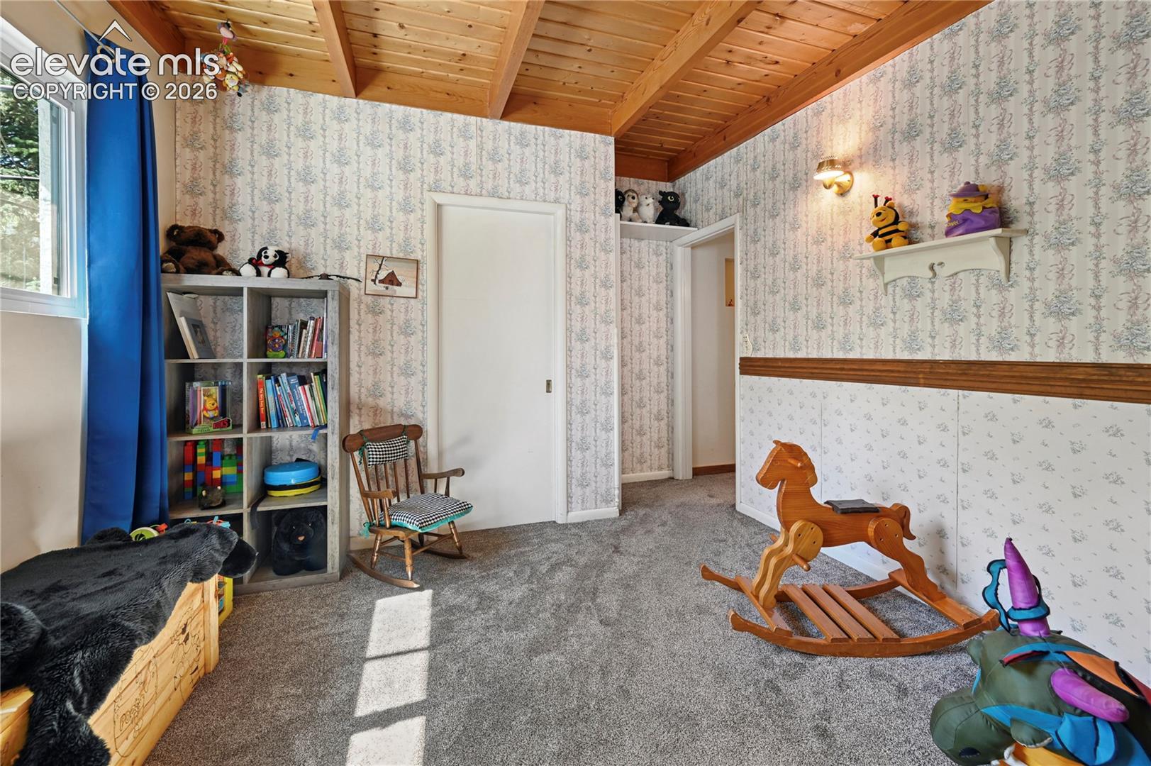 Vaulted wood-paneled ceiling, wall-to-wall carpeting, and a built-in wall shelf