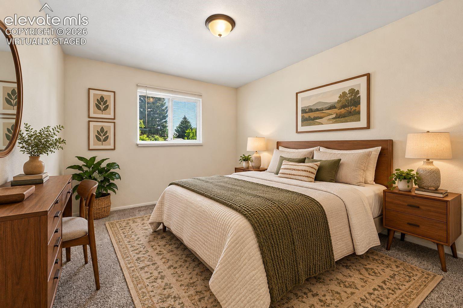 virtually staged 2nd bedroom with new carpet.