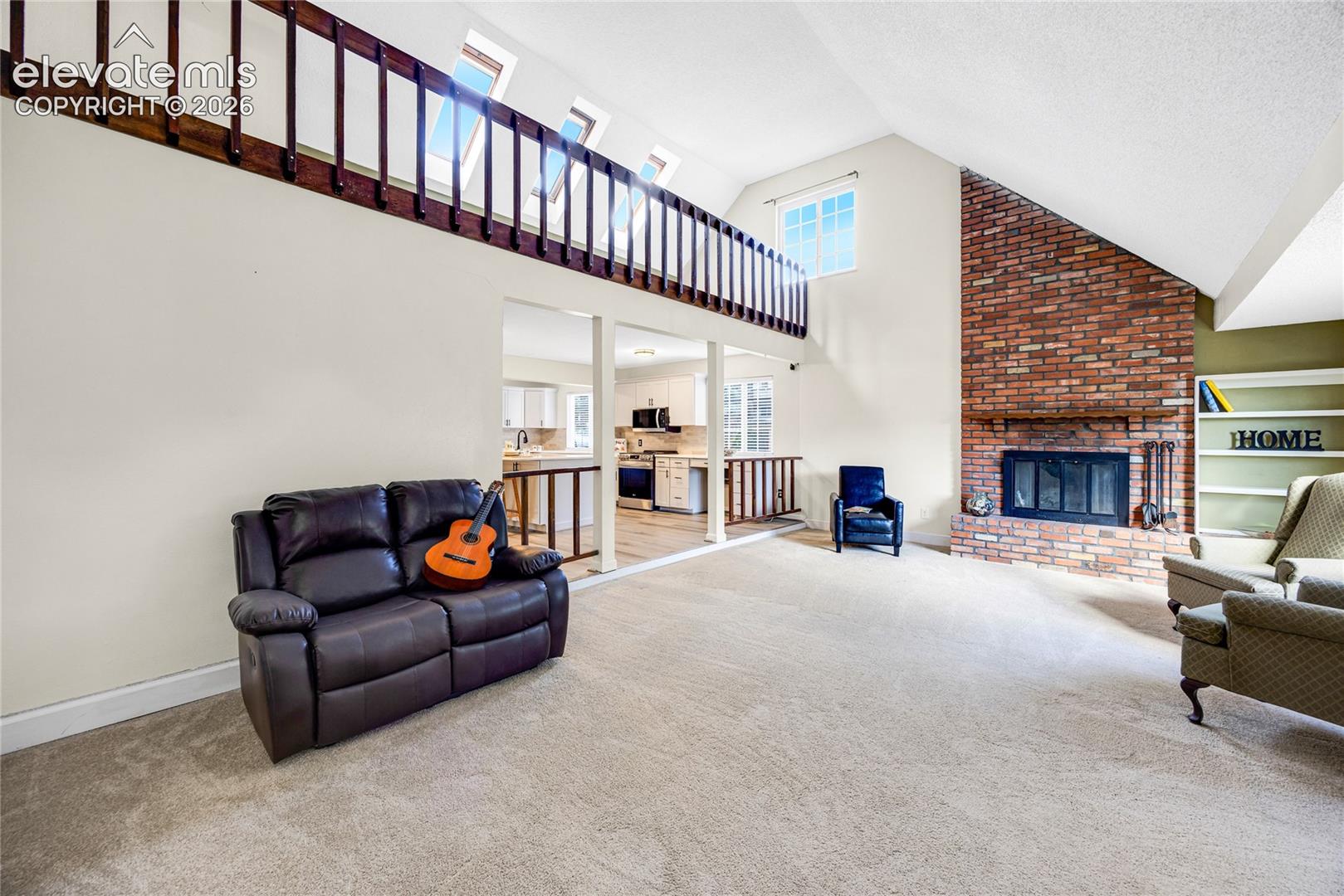 Living room with wood-burning fireplace