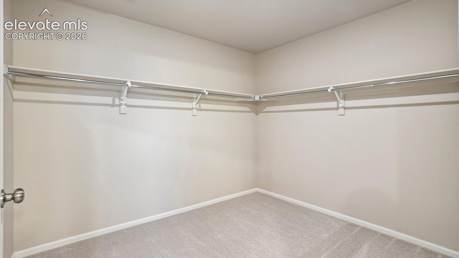 Wall-to-wall carpeting, neutral wall finishes, and integrated shelving with chrome hanging rods
*photos of a model home*