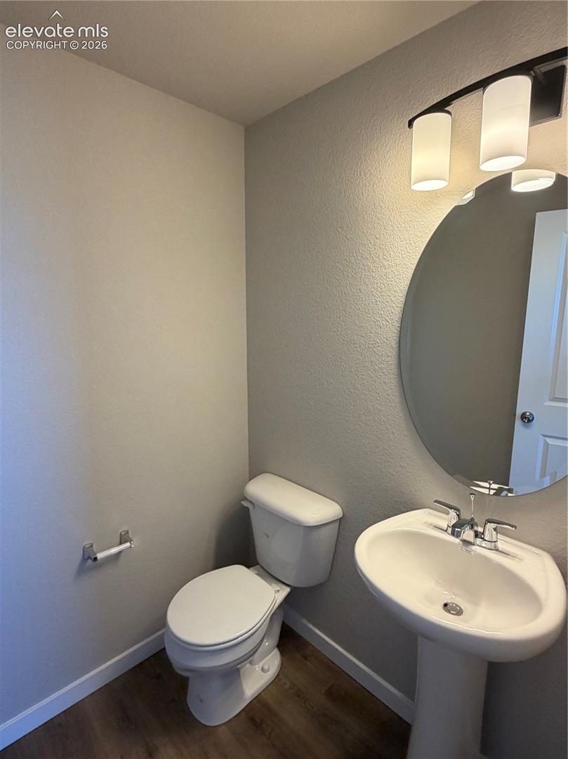 Pedestal sink with polished chrome faucet, round wall-mounted mirror, three-light fixture with cylindrical frosted glass shades, and wood-finish flooring