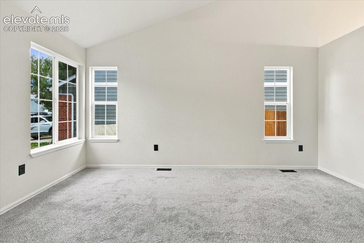 Vaulted ceiling featuring neutral-toned carpeting, multi-pane windows, and white wall finishes