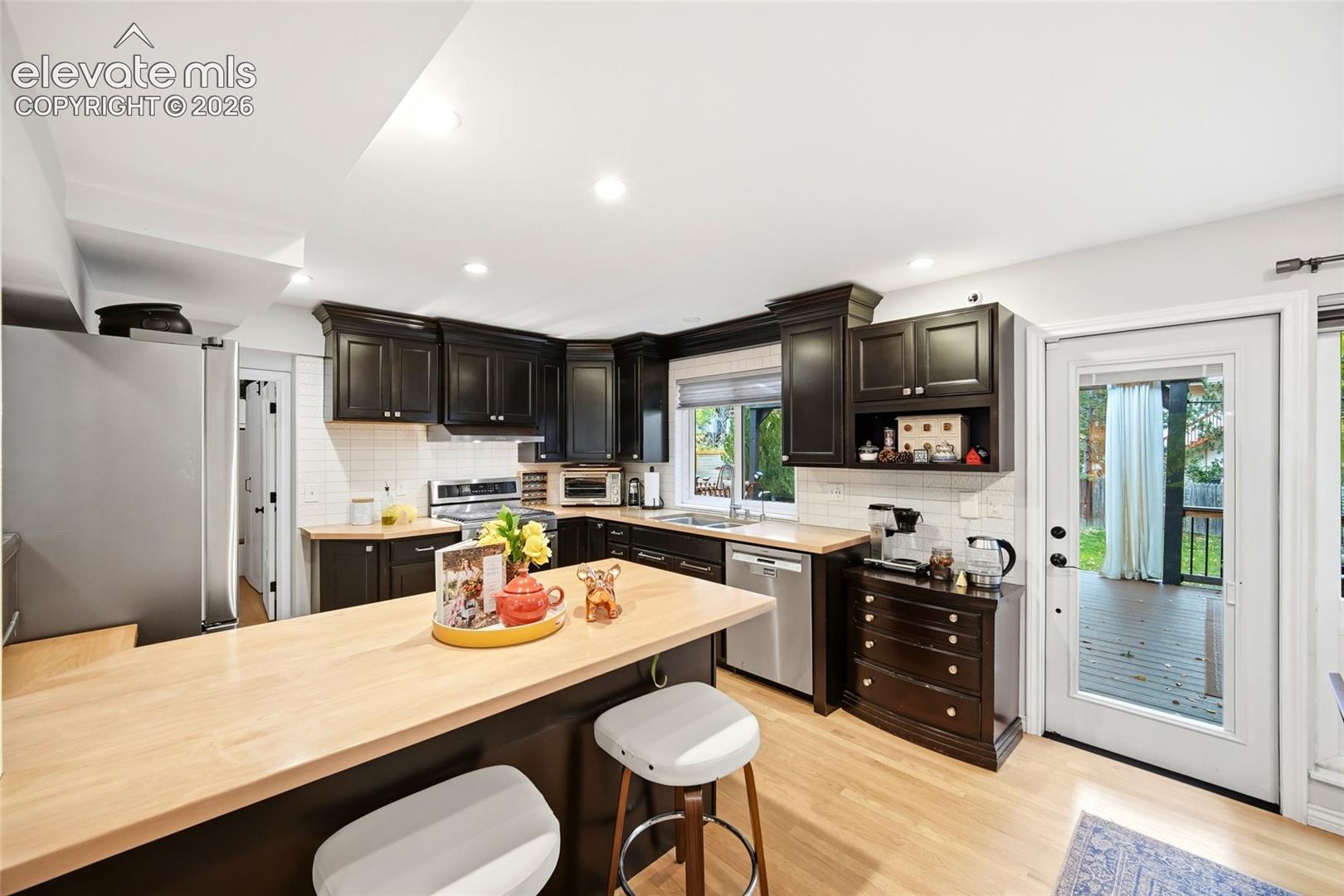 Updated kitchen open to the living area