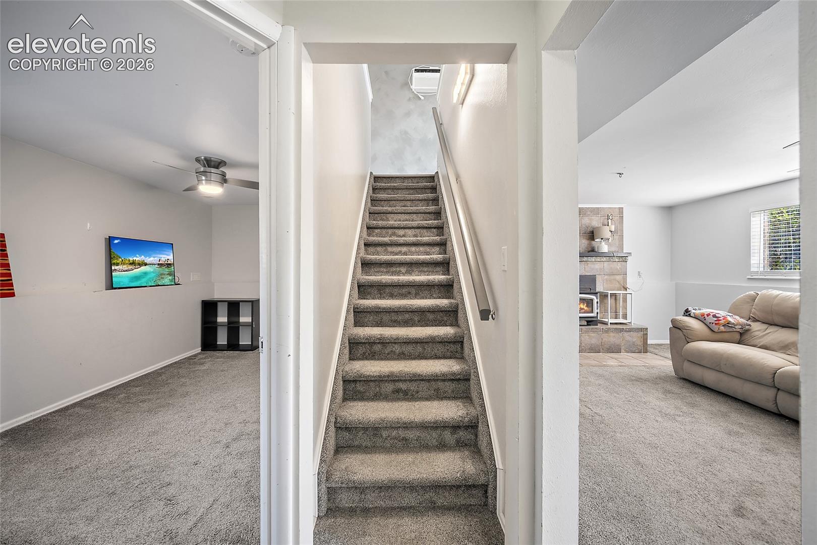 Stairway connecting upper and lower levels.