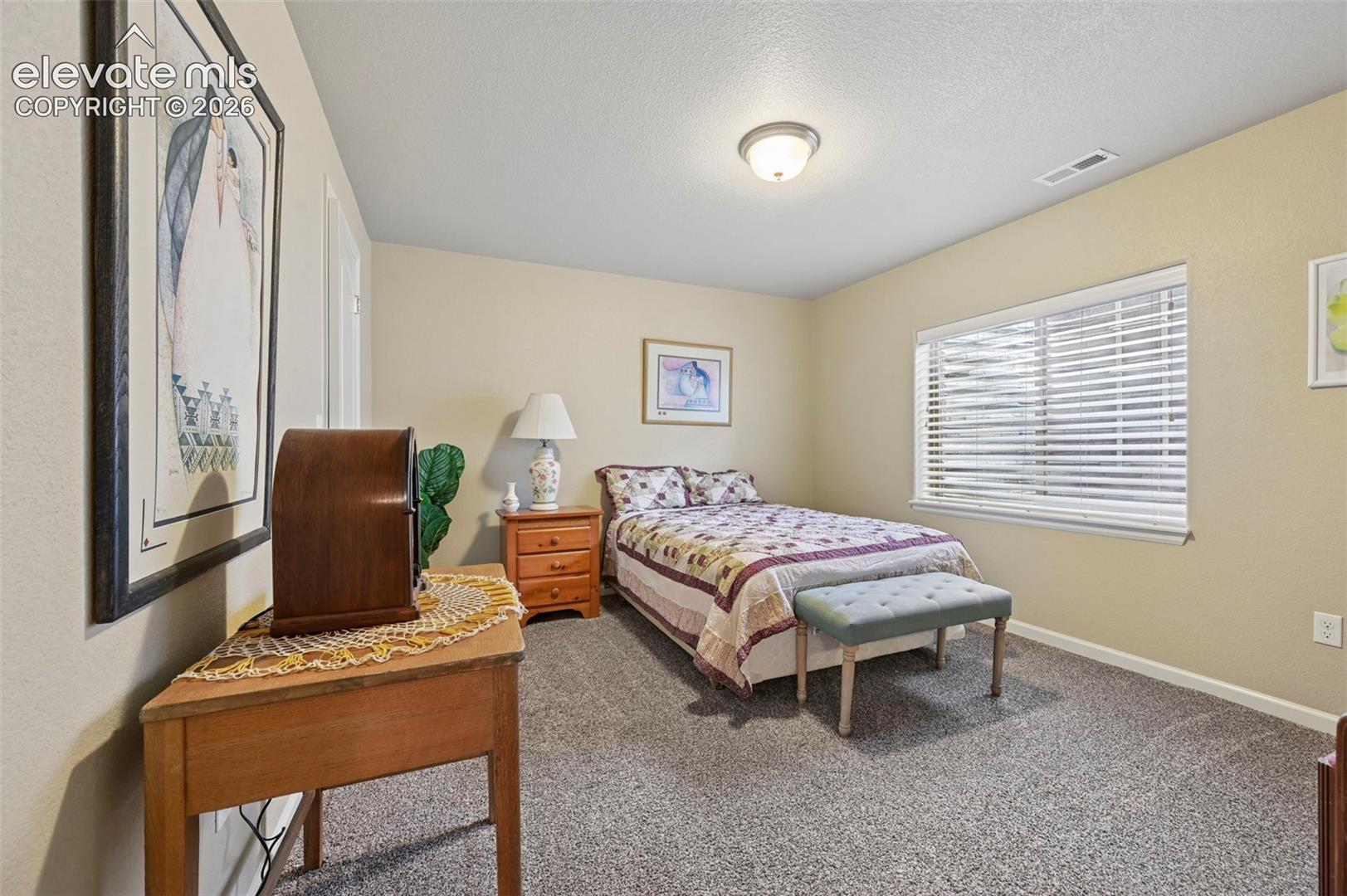 Basement Bedroom 2 featuring neutral tone walls, carpet flooring, and a bright window with horizontal blinds
