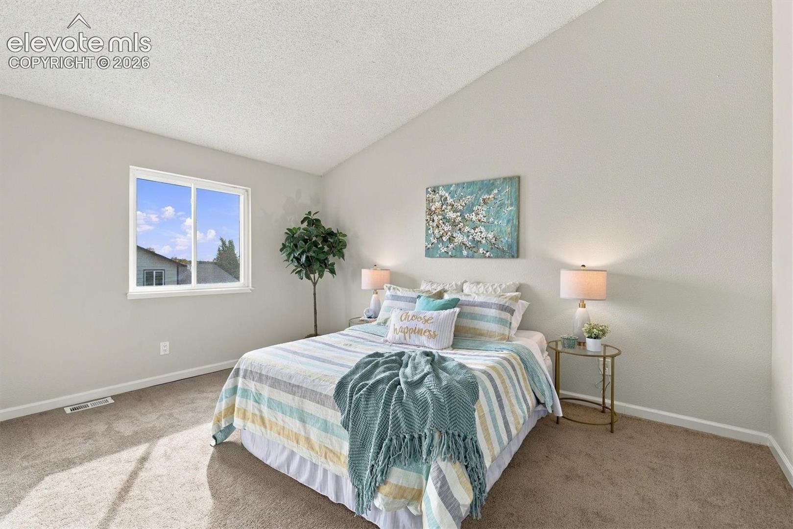 Vaulted ceilings and neutral wall color paired with a single-pane slider window and wall-to-wall carpeting