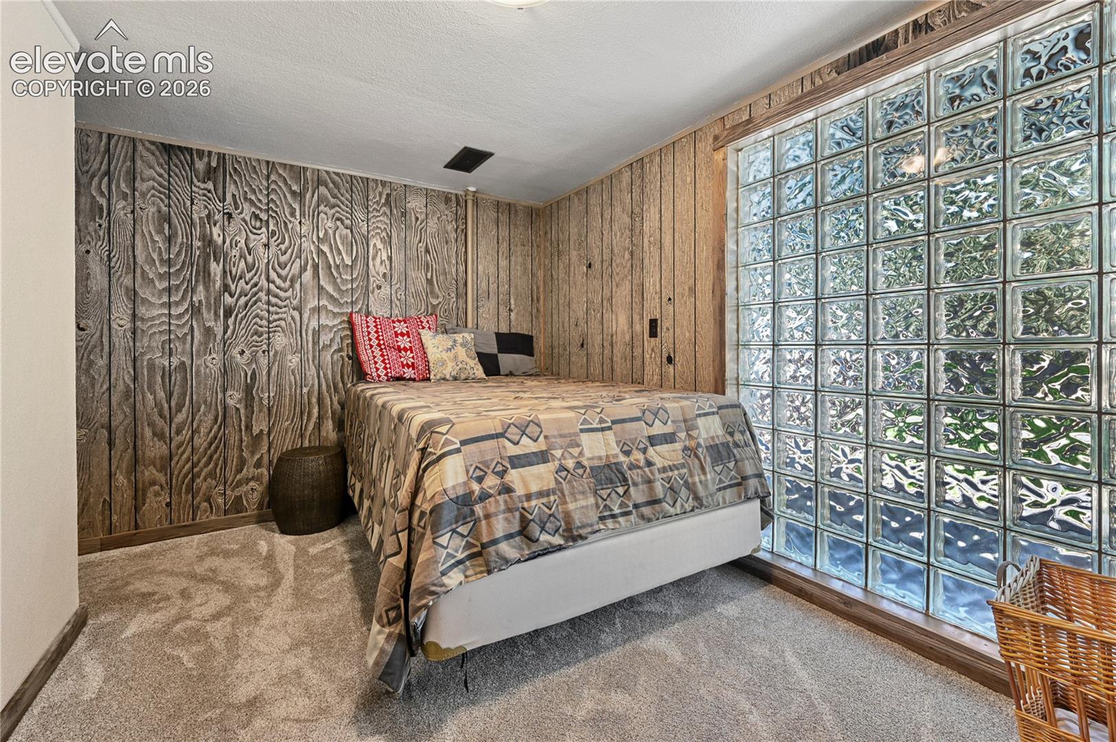 Textured wood paneling, glass block window, and plush carpeting