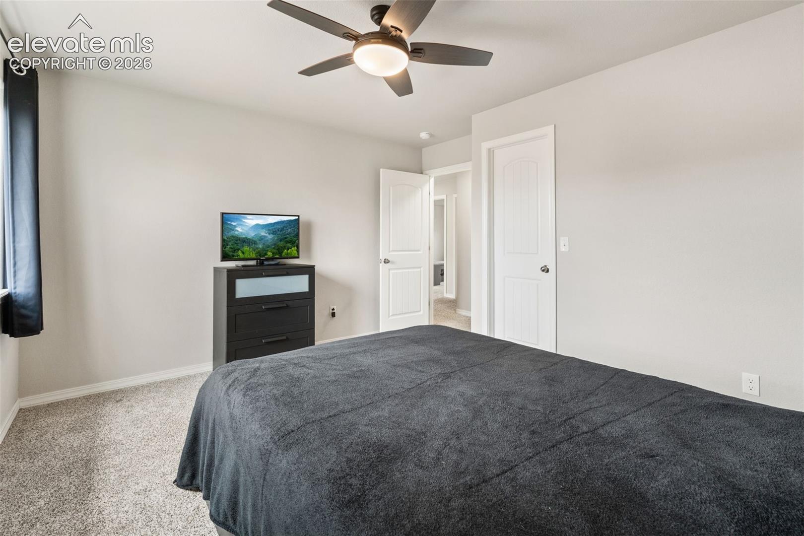 Carpeted flooring, ceiling fan with integrated lighting, and white paneled doors