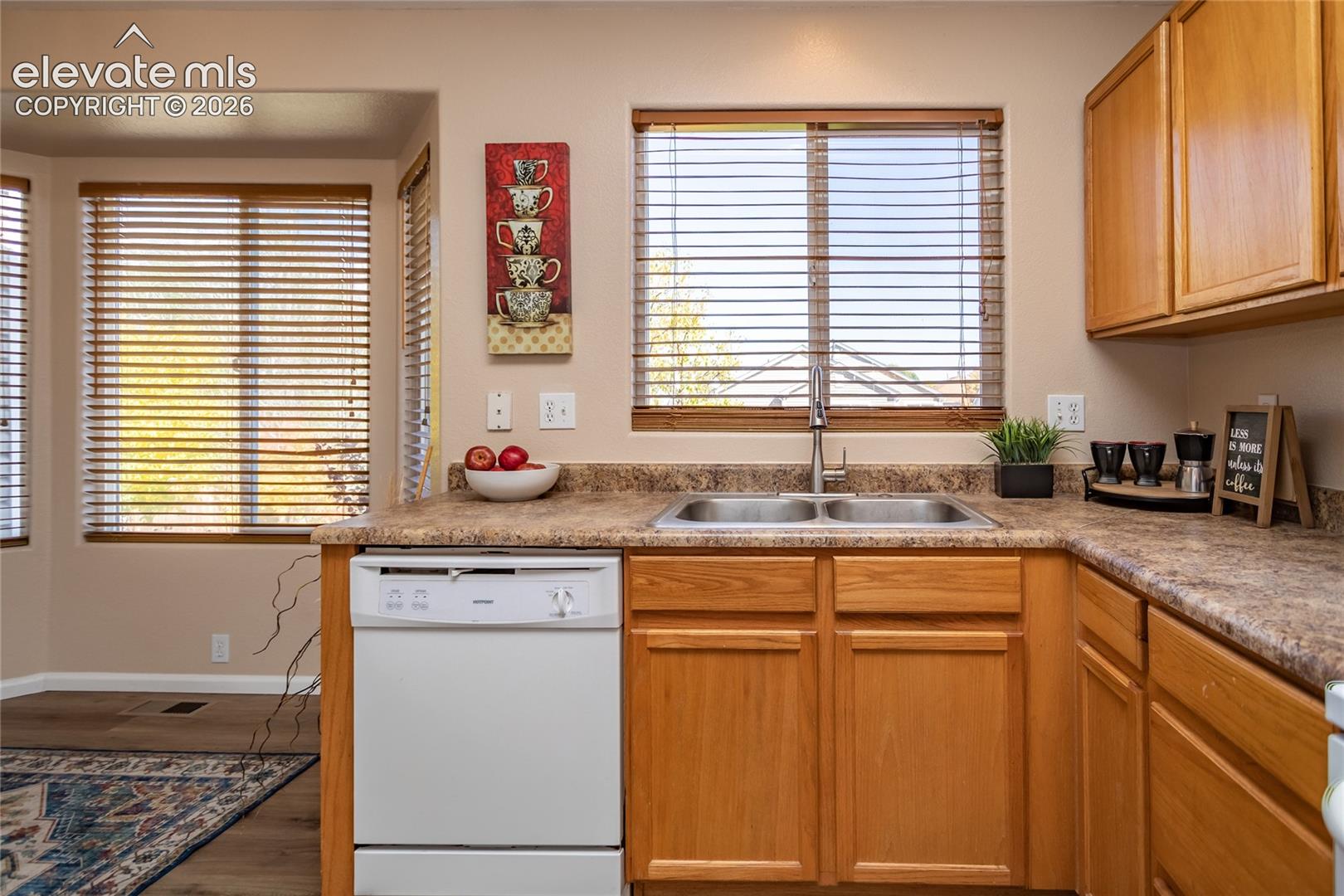 The kitchen workspace includes a double-basin stainless steel sink, dishwashing unit, and window view