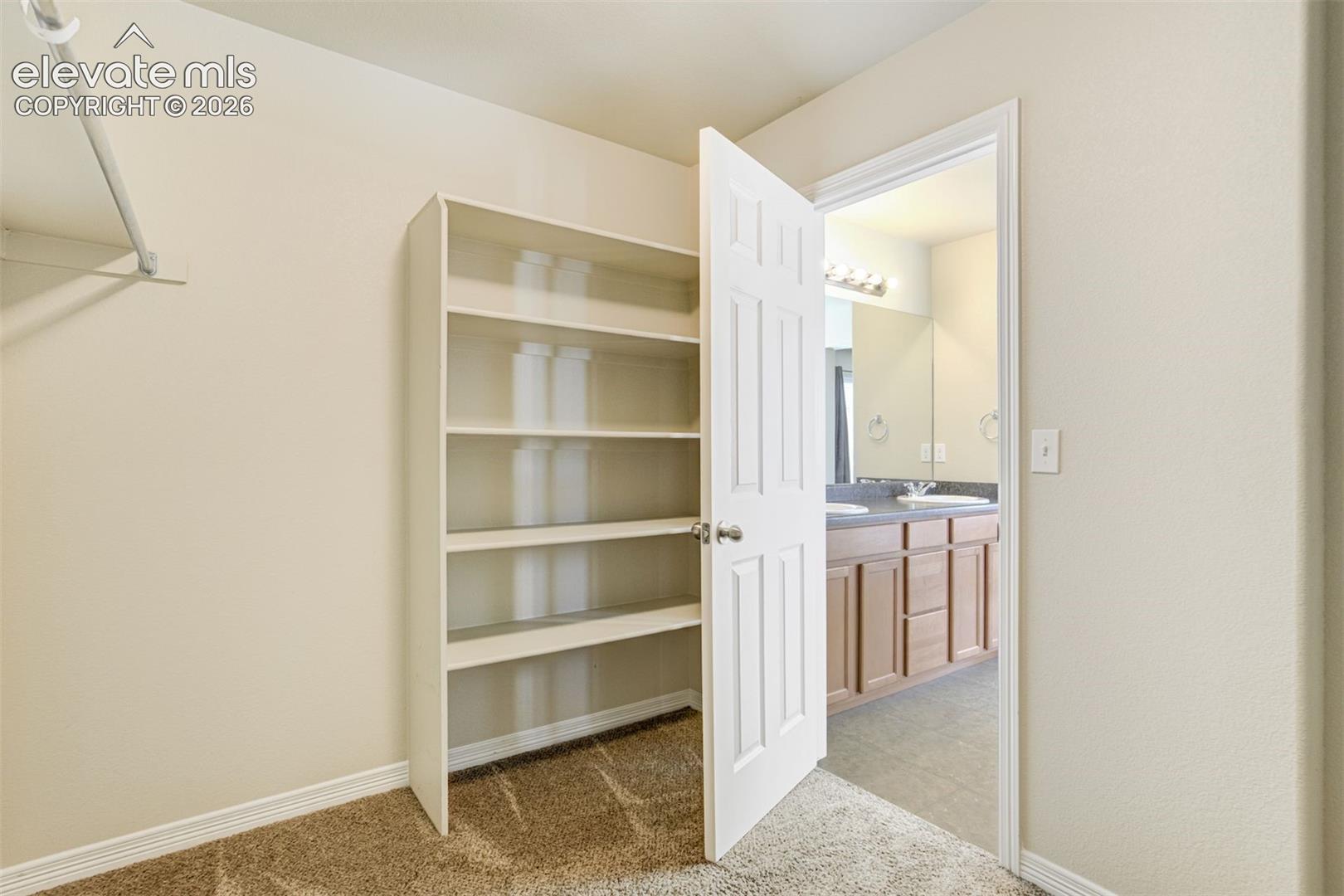 Primary Closet with Built-in shelving unit, clothing rod, five-panel interior door, and textured carpeting