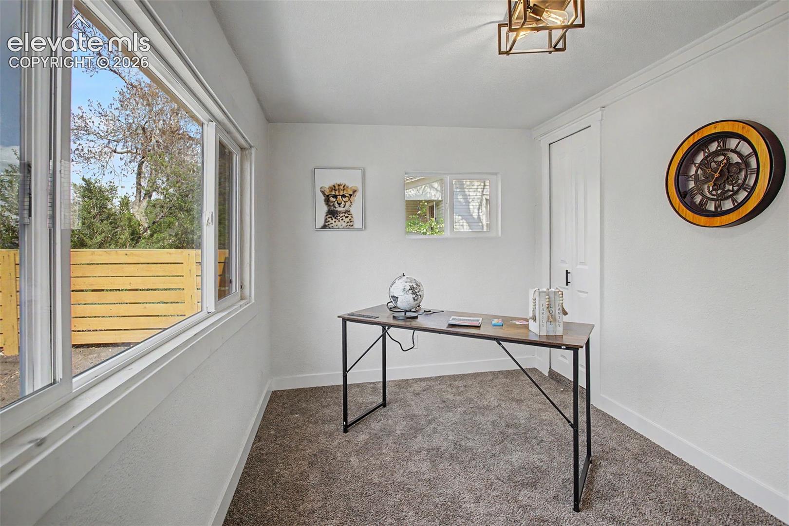Bright room featuring extensive windows, a contemporary ceiling light fixture, a paneled door, and neutral-toned carpeting
