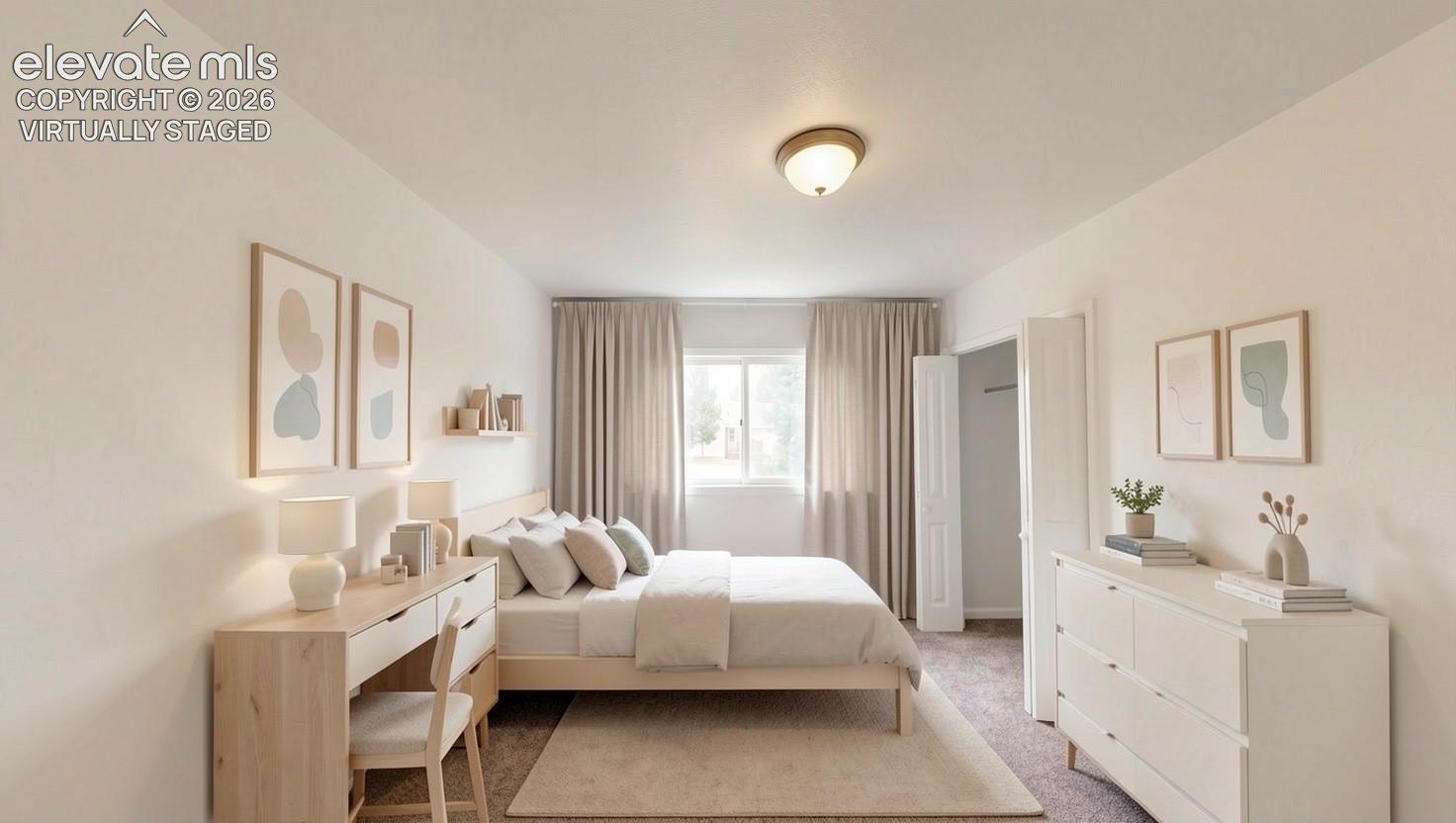 virtually staged.Recessed window with drapes, wall-to-wall carpeting, and a flush mount ceiling light fixture