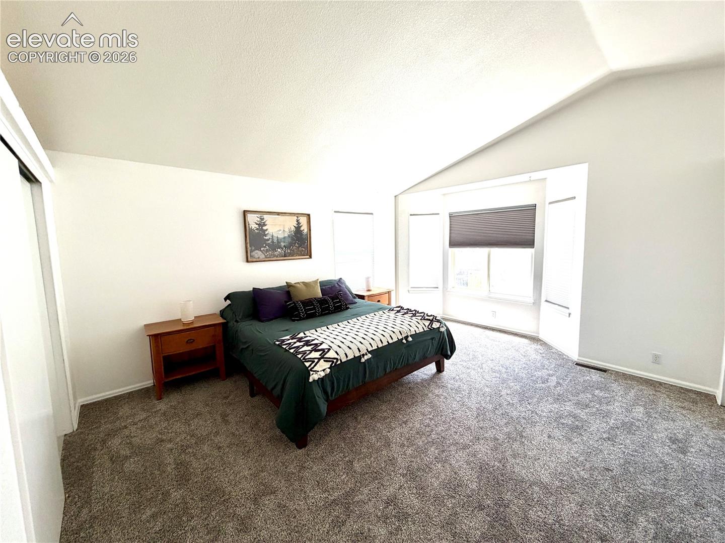 Carpeted room featuring a vaulted ceiling, light-colored walls, and a bay window