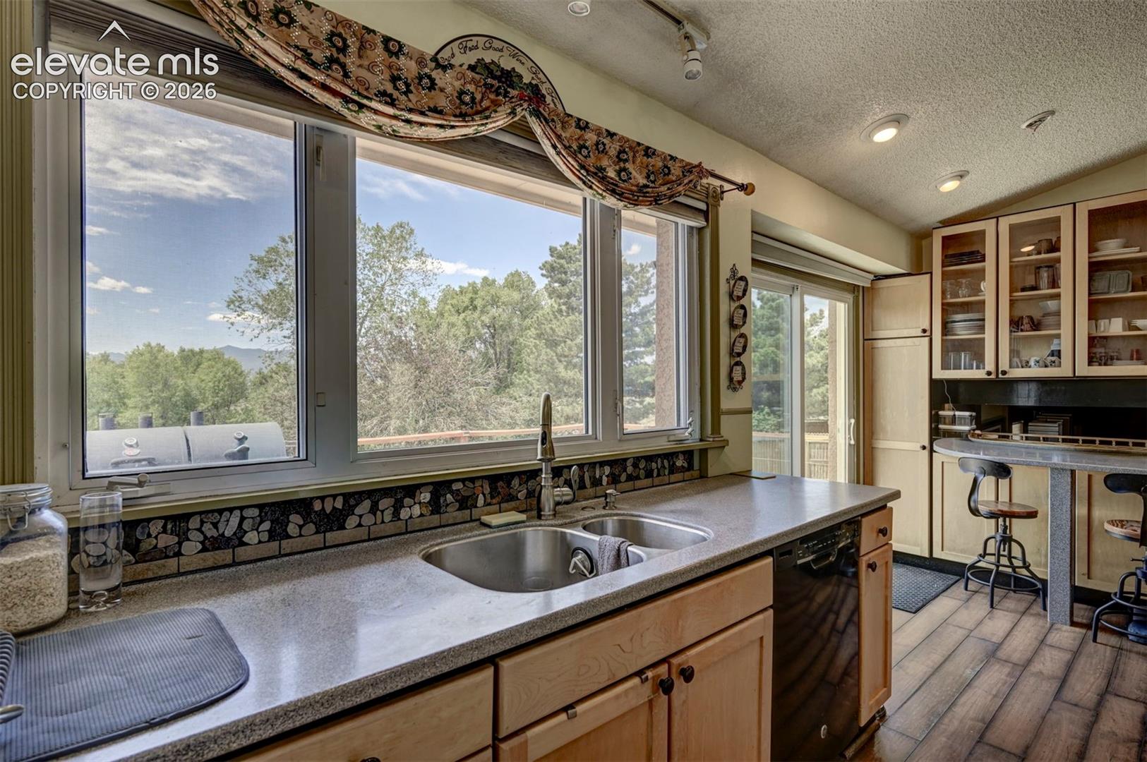 Kitchen featuring a double basin sink, large window with natural light, wood-finish flooring, glass-front upper cabinetry, and a sliding glass door