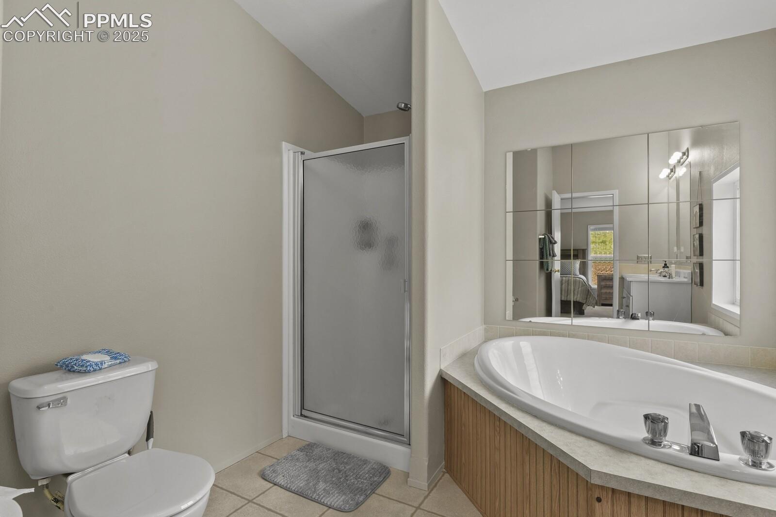 Full bathroom featuring light tile patterned floors, a stall shower, a bath, and vanity