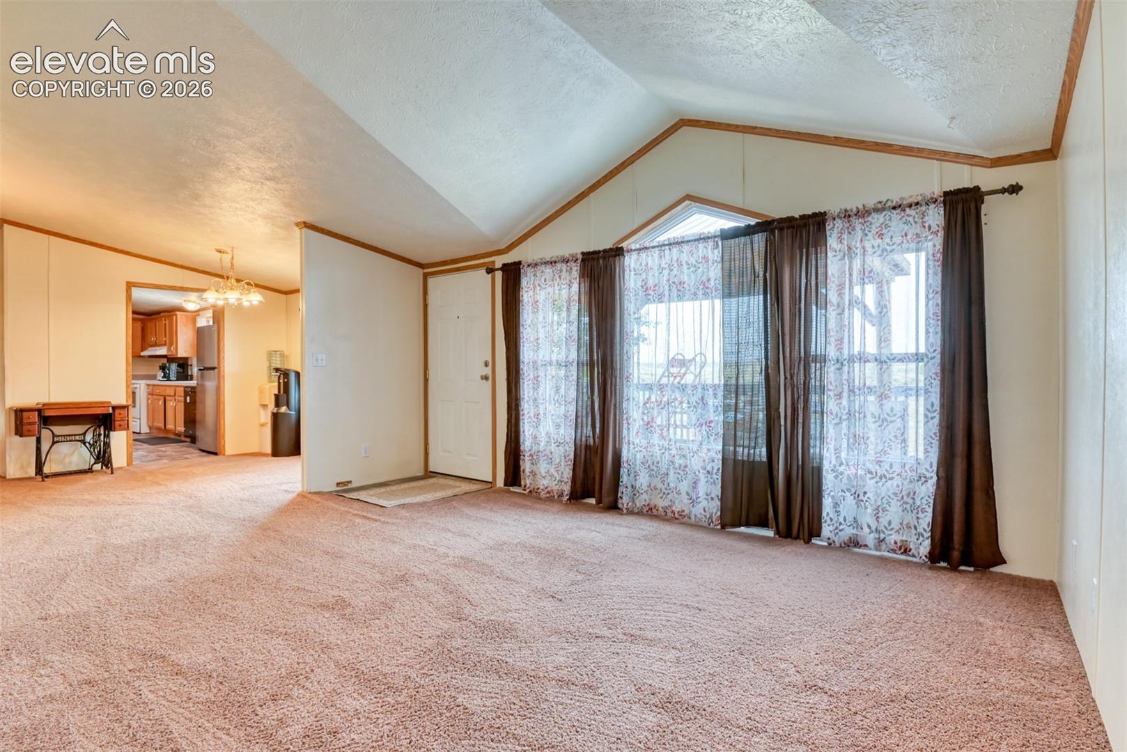 Carpeted living area featuring vaulted ceilings and a front entry door with a window